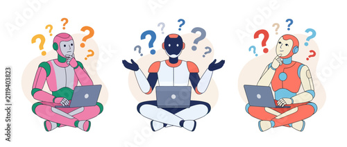 Quadro su tela Three robots sitting cross-legged with laptops, surrounded by question marks, contemplating and confused