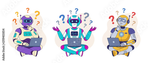 Quadro su tela Robots contemplating with laptops and question marks, representing confusion, problem solving, and technology