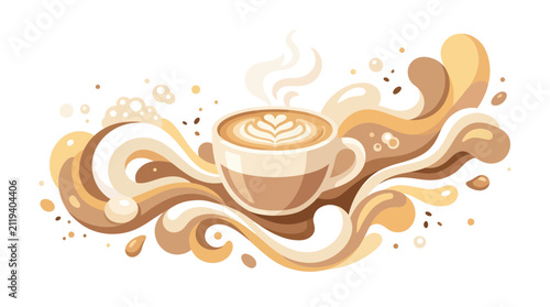 Foto Creamy coffee splash with latte art, hot beverage, breakfast drink, isolated on white