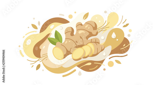 Foto Fresh Ginger Root with Slices and Leaves, Dynamic Abstract Swirls, Healthy Spice