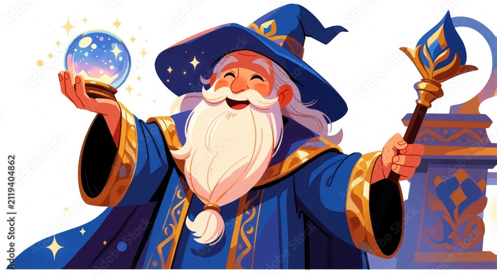 Fototapeta premium Happy cartoon wizard character wears blue robe with gold trim, tall hat. Bearded sorcerer holds glowing crystal ball in one hand, magic staff in. Funny magician stands isolated on white background.