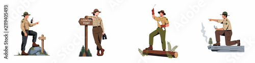 Collection of forest park rangers in uniform performing various duties like navigation, fire watching, and surveillance in nature.