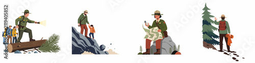 Set of flat vector illustrations depicting park rangers guiding hikers, assisting children, navigating with maps, and exploring nature in the forest.