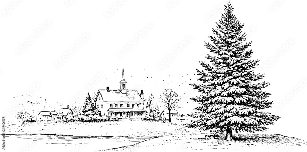 Obraz premium Vintage engraved christmas starry night village scene with snowy fir tree for holiday card background and banner design
