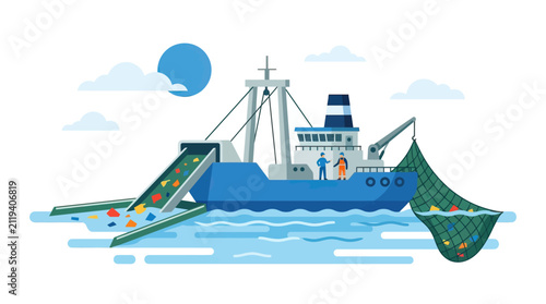 Konstfotografi Fishing trawler collecting plastic waste from ocean, environmental pollution con
