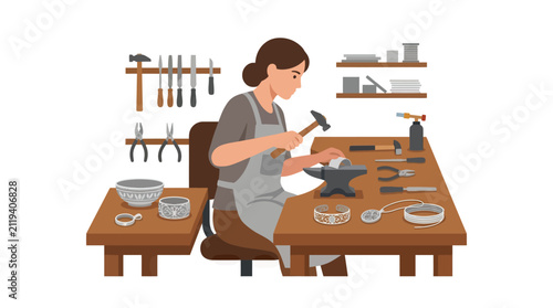 Obraz na plátne Jeweler working at workbench, crafting intricate metal designs, tools and materi