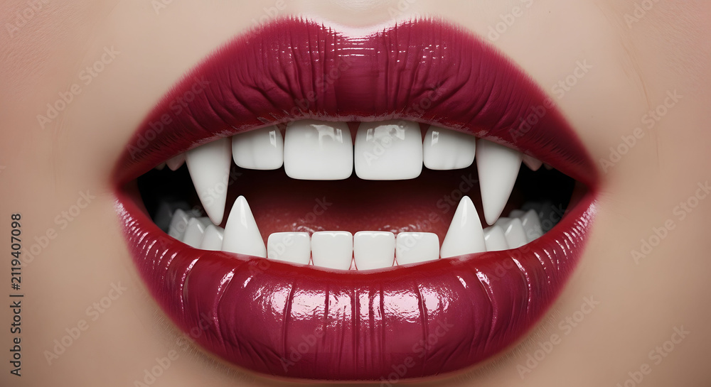 Obraz premium Close up of a woman with dark red lipstick and sharp vampire fangs for a horror themed shoot