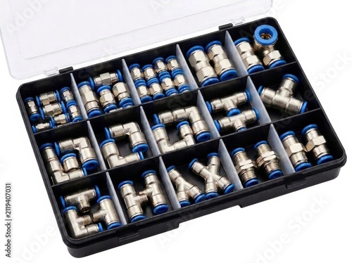 Organizer box filled with pneumatic push to connect fittings pneumatic organizer assortment