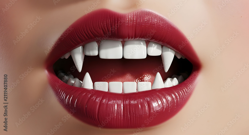Obraz premium Detailed view of a mouth with dark red glossy lipstick and sharp vampire fangs for halloween