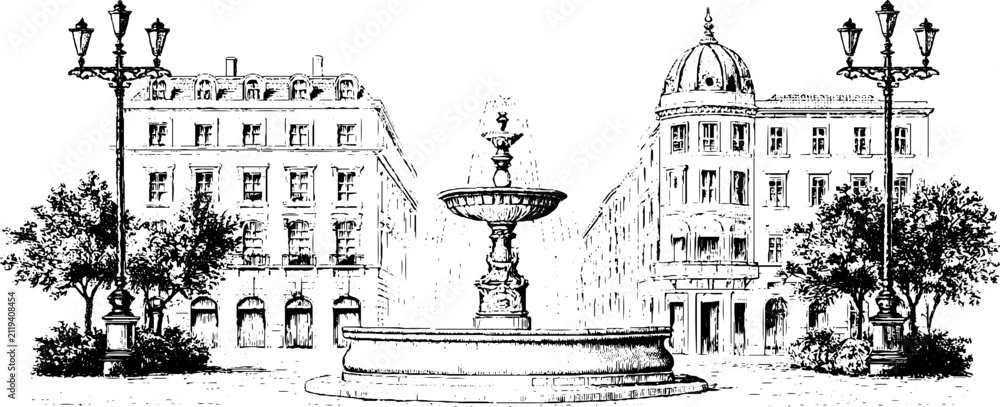 Obraz premium Vintage engraved renaissance city square with fountain and surrounding buildings for historical background and urban architectural composition
