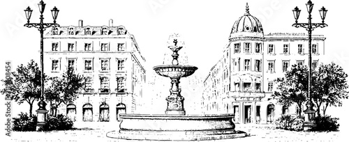 Vintage engraved renaissance city square with fountain and surrounding buildings for historical background and urban architectural composition