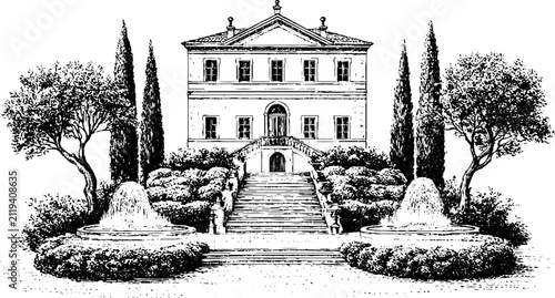 Vintage engraved renaissance villa facade with twin fountains and formal stairway for historical background and banner design