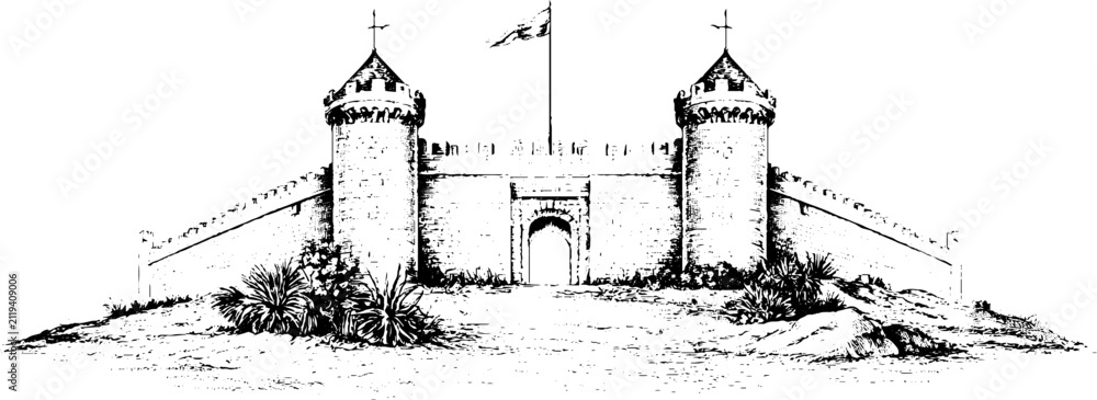 Obraz premium Engraved roman military fort with walls and watchtower for historical background and banner design