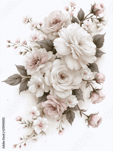Floral composition in dreamy pastel colors, watercolor style on white background