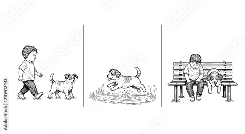 Little Boy and Puppy Adventures in the Park Sketch Illustration
