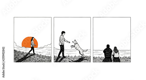 Hand drawn minimalist comic strip of people and dog at sunset