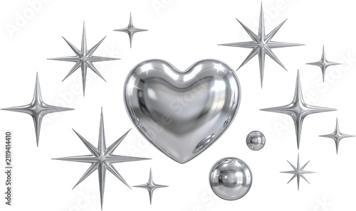 A polished chrome heart shape centered amidst multiple metallic star icons and small spheres with high reflective surfaces creating a brilliant gleaming effect in a modern sculptural 3D