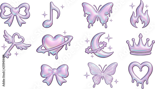 A collection of holographic iridescent icons featuring 3D rendered shapes including a butterfly heart bow crown crescent moon musical note wings fire and Saturn style planetary rings