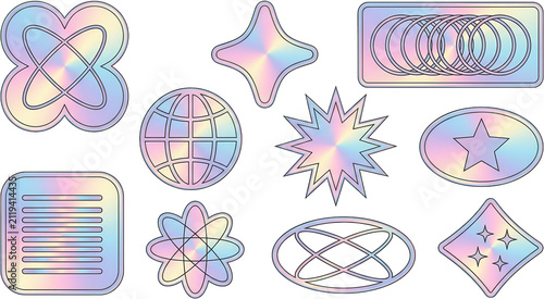 A collection of geometric holographic shapes including stars orbits circles rectangles and diamonds featuring iridescent metallic gradients and thin black outlines for decorative modern