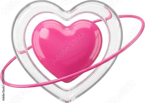 A glossy pink heart nestled inside a clear glass heart frame with a slender circular ring orbiting around the center representing romance and love in a clean three dimensional design style