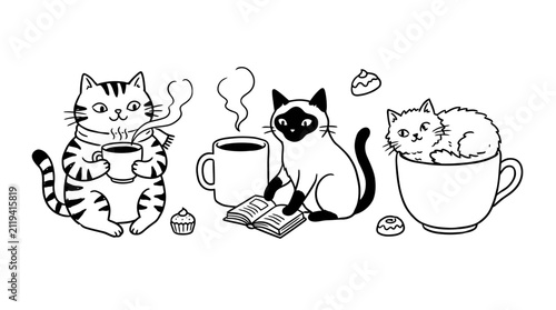 Adorable feline group enjoying hot espresso cups in a whimsical naive abstract doodle style, minimalist hand drawn vector illustration of kitten social gathering isolated on white background.