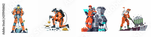 Foto Set of illustrations showing futuristic space mining activities, including astronauts drilling, extracting minerals, and using advanced machinery on celestial bodies
