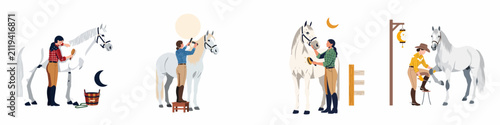 Foto Collection of illustrations showing women grooming and caring for white horses, featuring various grooming tools and celestial symbols in a flat vector style