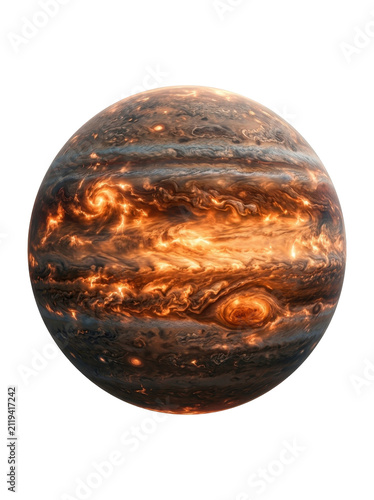 Fiery jupiter with swirling storms and glowing clouds, a detailed digital illustration with a dramatic mood, set against a stark white background.