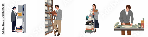 Foto Flat vector illustration set of professional archivists and librarians managing documents, records, and books in an office or library setting