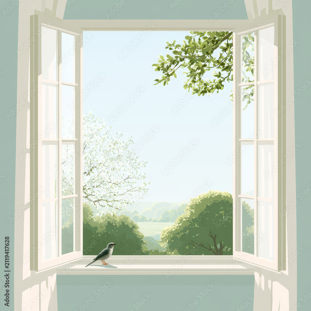 Fototapeta premium Open Window with Curtains and Spring Landscape, Pastel Vector Illustration with Copy Space