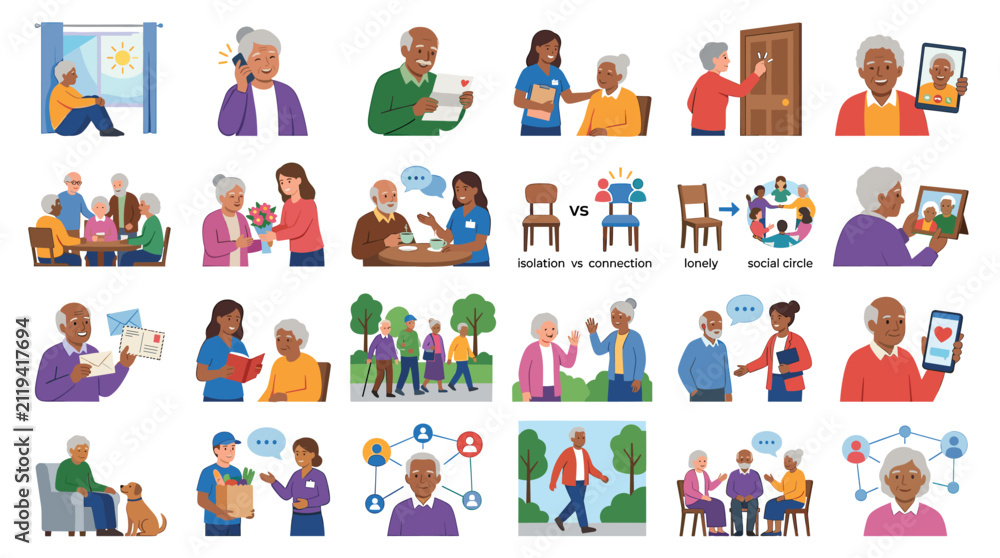 Fototapeta premium Vector icons illustrating elderly care combating senior isolation and promoting social connection through volunteering technology community support and mental health awareness.