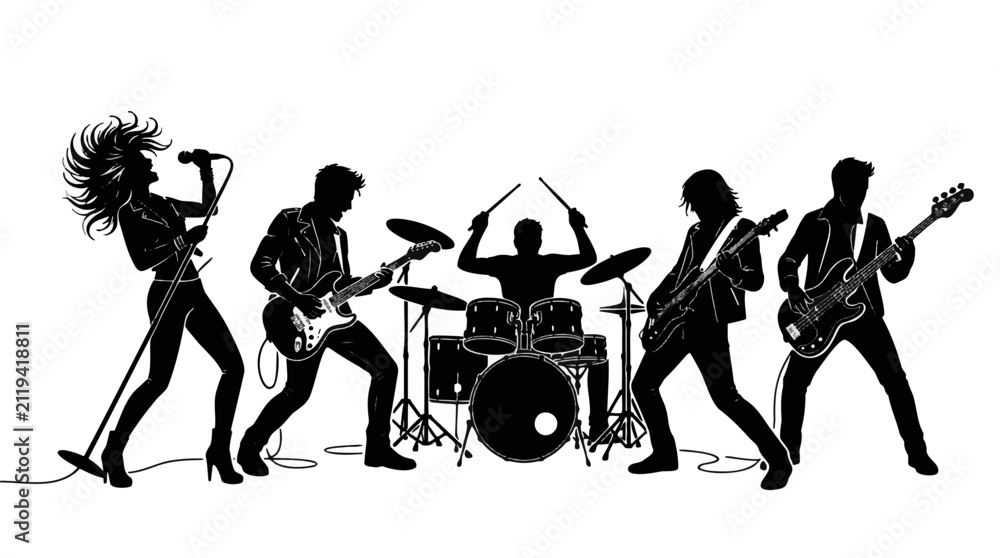 Obraz premium Rock band silhouettes performing on stage. Musical group playing guitar and drums vector.