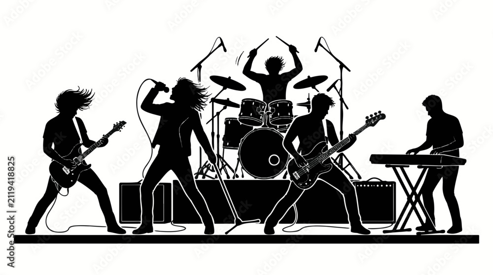 Obraz premium Rock band performing on stage. Musicians playing instruments in a live concert silhouette.