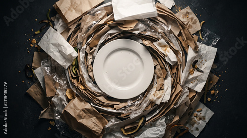 Empty white plate surrounded by a swirl of crumpled food wrappers and trash. Concept of binge eating disorder, disordered eating, mental health struggle, and unhealthy relationship with food.