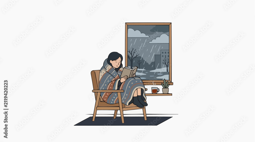 Fototapeta premium Cozy vector illustration of a woman reading a book wrapped in a blanket while it rains outside her window