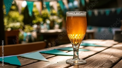Golden beer in a stemmed glass on a sunlit outdoor caf├⌐ table