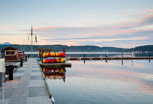 Colorful Kayaks on Floating Dock at Hood Canal in Washington State
