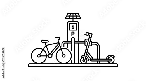 Minimalist line art icon of a bicycle and electric scooter parking station with solar panel.