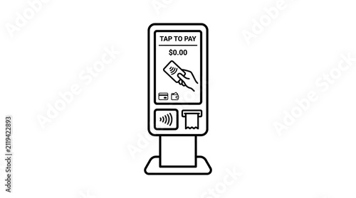 A line art illustration of a self-service payment kiosk with tap to pay functionality.