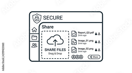 Secure cloud file sharing interface design with drag and drop upload functionality.