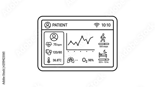 Digital patient health monitoring dashboard interface with vital signs and activity tracking icons.