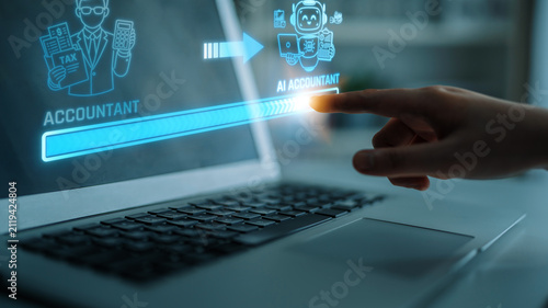 Obraz na płótnie Transition from Human Accountant to AI Accountant with Digital Transformation Symbolized by a Hand Pressing a Laptop Interface