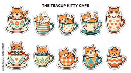 Cute Cartoon Kittens in Teacups Sticker Collection