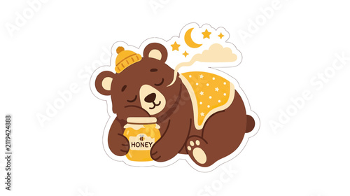 Cute bear sleeping with honey jar and starry night sky