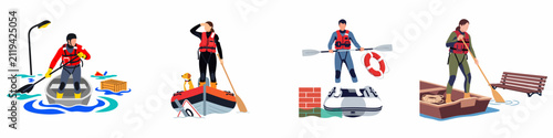 Obraz na płótnie Illustrations of rescue workers and individuals navigating flooded urban areas in boats, featuring life-saving equipment, paddles, and search efforts during a natural disaster
