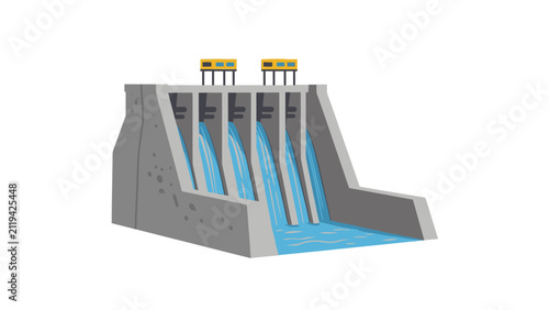 Hydroelectric Dam Vector Illustration with Water Flowing through Spillways