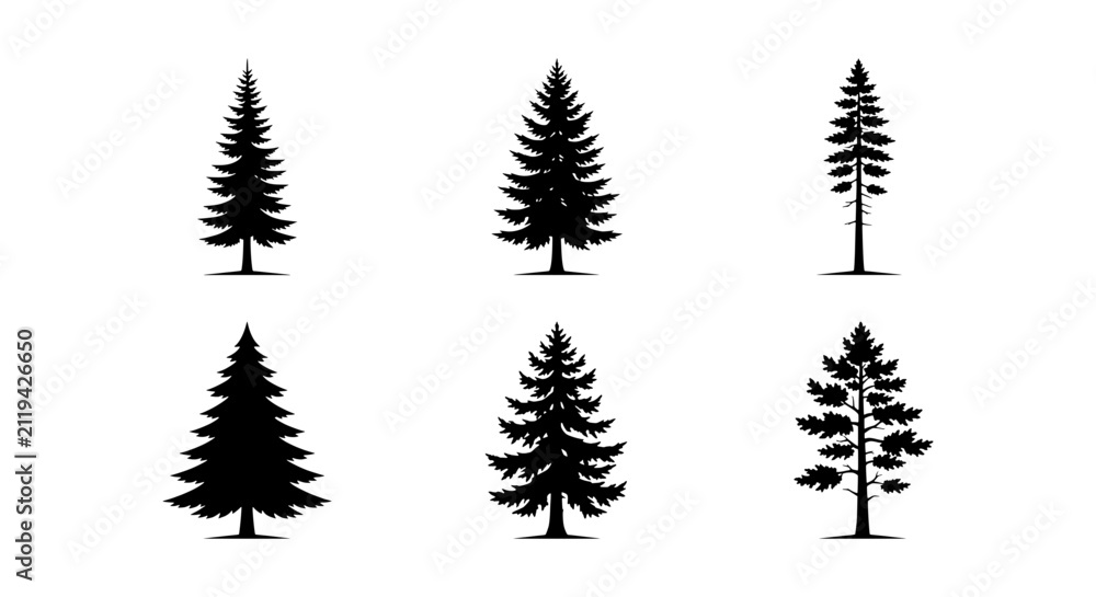 Fototapeta premium Pine Tree Silhouettes, Evergreen Forest Icons, Coniferous Woodland Vector Set