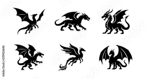 фотографія Mythical Dragon Silhouettes, Fantasy Creature Icons, Set of 6 Vector Graphics