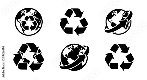 Фотография Recycling Earth Icons, Global Sustainability Symbols, Eco-Friendly Planet Arrows