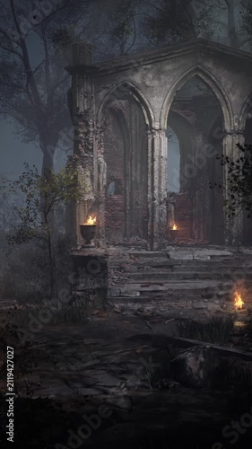 Firelit Gothic Chapel Ruins in Misty Forest, Vertical Video
